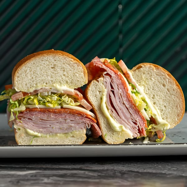 Two halves of a large SNDWCH deli sandwich, packed with meats, cheese, lettuce, and tomatoes.